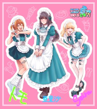 3boys absurdres apron aqua_ascot aqua_bow aqua_dress arisa_(yuki_touko) ascot black_boots black_hair blonde_hair blue_eyes blunt_bangs blush boots bow braid brown_hair buttons character_name check_commentary collar commentary_request copyright_name crossdressing crossdressing_(mtf) detached_collar dress earrings english_text fang finger_heart frilled_apron frilled_ascot frilled_dress frilled_thighhighs frills full_body garter_straps grey_eyes hair_bow hand_on_own_hip heart high_heels highres jewelry lipstick long_dress long_hair looking_at_viewer loose_socks maid maid_apron maid_headdress makeup male_maid mars_symbol medium_hair mole mole_under_eye mole_under_mouth multiple_boys multiple_earrings multiple_moles name_tag original partial_commentary pink_background puffy_short_sleeves puffy_sleeves seira_(yuki_touko) shoes short_dress short_hair short_sleeves simple_background single_braid smile socks teeth thigh_strap thighhighs tomo_(yuki_touko) trap twintails upper_teeth_only v-neck white_apron white_collar white_headdress white_socks white_thighhighs wrist_cuffs yuki_touko zettai_ryouiki