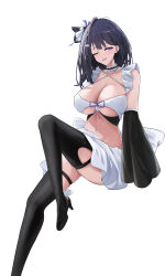 Rule 34 | 1girl, absurdres, apron, azur lane, black hair, black sleeves, black thighhighs, breasts, cleavage, collar, detached sleeves, frilled collar, frills, front-tie top, hair ornament, high heels, highres, knee up, large breasts, ling yi de lei ke, liverpool (azur lane), looking at viewer, maid, midriff, navel, one eye closed, revealing clothes, sitting, smile, solo, thighhighs, waist apron, white apron, white background, wide sleeves