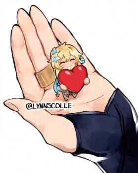 1girl :3 antenna_hair black_bridal_gauntlets blonde_hair blue_flower blue_scarf blue_trim blush bridal_gauntlets closed_eyes closed_mouth dress eyelashes feather_hair_ornament feathers fingernails flower genshin_impact gold_ring hair_between_eyes hair_flower hair_ornament heart holding holding_heart lumine_(genshin_impact) meilynn-hayakan middle_ring mini_person minigirl multicolored_flower open_hand person_on_hand scaramouche_(genshin_impact) scarf short_hair short_hair_with_long_locks sidelocks thighhighs twitter_username wanderer_(genshin_impact) watermark white_background white_dress white_feathers white_flower white_thighhighs