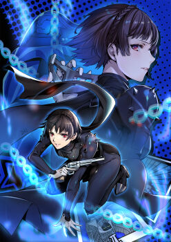 1girl arm_support black_scarf blue_bodysuit blunt_bangs bodysuit braid brown_hair chain commentary crown_braid da-cart english_commentary floating_scarf full_body gloves grey_mask gun hand_on_ground handgun high_heels highres holding holding_gun holding_weapon joanna_(persona_5) knee_spikes kneeling light_blush long_scarf long_sleeves looking_at_viewer mask multiple_views niijima_makoto parted_lips persona persona_5 queen_(persona_5) red_eyes scarf short_hair shoulder_spikes smile spikes metal_mask upper_body watermark weapon white_gloves