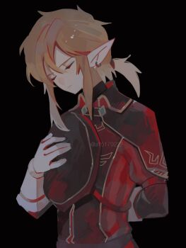 Rule 34 | 1boy, a15179222, arm behind back, beret, black background, blonde hair, closed eyes, earrings, gloves, gold trim, hair between eyes, hair tie, hat, highres, holding, holding unworn clothes, holding unworn hat, jewelry, low ponytail, male focus, medium hair, military hat, military uniform, nintendo, official alternate costume, pointy ears, ponytail, royal guard set (zelda), sidelocks, solo, the legend of zelda, the legend of zelda: breath of the wild, twitter username, unworn hat, unworn headwear, upper body, white gloves