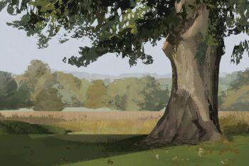 absurdres blurry clear_sky commentary day depth_of_field forest grey_sky highres landscape leaf nature no_humans original outdoors painterly scenery shadow sky symbol-only_commentary tree twulfs