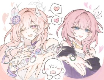 1boy 2girls ;o artist_self-insert bare_shoulders blue_eyes coat commentary cyrene_(aedes_elysiae)_(honkai:_star_rail) cyrene_(honkai:_star_rail) cyrene_(ripples_of_past_reverie)_(honkai:_star_rail) diamond-shaped_pupils diamond_(shape) dkssudtkfkd dress dual_persona elf flower hair_flower hair_ornament heart highres holding holding_jewelry holding_ring honkai:_star_rail honkai_(series) jewelry long_hair multiple_girls necklace one_eye_closed pink_hair pointy_ears purple_coat purple_eyes ring simple_background spoken_heart symbol-only_commentary symbol-shaped_pupils very_long_hair wedding_ring white_background white_dress