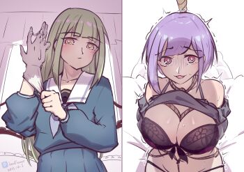 absurdres artist_name bang_dream! bang_dream!_it&#039;s_mygo!!!!! bdsm bondage bound breasts commentary_request dated gloves green_hair highres kidnapped large_breasts looking_at_viewer open_mouth purple_hair scared school_uniform shibari short_hair shriohalfarm tears wakaba_mutsumi white_gloves yuri yuutenji_nyamu