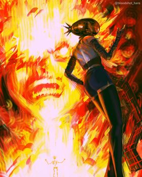 1boy 1girl absurdres apron bakugou_katsuki black_apron black_gloves black_shorts black_thighhighs bloodshot_hare boku_no_hero_academia bomb_devil_(chainsaw_man) chainsaw_man commentary crossover elbow_gloves english_commentary explosion gloves highres object_head shirt shorts skeleton sleeveless sleeveless_shirt thighhighs white_shirt