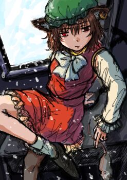 Rule 34 | 1girl, animal, brown hair, chen, commentary request, dade ne, green hat, hat, highres, holding, holding animal, medium hair, mob cap, mouse (animal), one-hour drawing challenge, red eyes, shirt, sitting, socks, solo, touhou, white shirt, white socks