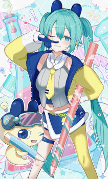 1girl absurdres aqua_eyes aqua_hair aqua_nails blush breasts closed_mouth collared_shirt colored_pencil commentary_request dot_nose grey_shirt hair_between_eyes hatsune_miku highres jacket long_hair looking_at_viewer mametchi midriff official_alternate_costume one_eye_closed open_mouth pencil project_sekai shirt sleeveless sleeveless_shirt small_breasts solo tamagotchi tamagotchi_(classic) tamagotchi_(creature) thigh_strap twintails uha_(pixiv51732074) very_long_hair vocaloid yellow_jacket