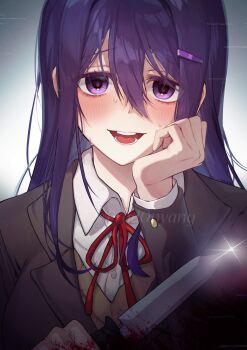 1girl absurdres artist_name blazer blood blood_on_hands bloody_knife blush bow brown_sweater_vest buttons collared_shirt crazy_grin crazy_smile doki_doki_literature_club doki_doki_literature_club_school_uniform eyebrows_hidden_by_hair glint glitch gradient_background hair_ornament hairclip hand_on_own_face highres implied_murder jacket knife long_hair neck_ribbon onyang purple_eyes purple_hair raised_inner_eyebrows red_bow ribbon school_uniform shirt simple_background smile sweatdrop sweater_vest vignetting watermark white_shirt yandere yuri_(doki_doki_literature_club)