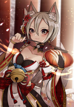 1girl :3 animal_ears bell black_collar black_eyes blurry blurry_background blush breasts bridal_gauntlets checkered_sash cleavage closed_mouth collar collarbone cowboy_shot detached_collar detached_sleeves earrings fake_animal_ears fake_tail flower fox_ears fox_mask fox_tail grey_hair hair_between_eyes hair_flower hair_ornament hands_up highres hitodama holding holding_lantern idolmaster idolmaster_cinderella_girls idolmaster_cinderella_girls_starlight_stage japanese_clothes jewelry jingle_bell kei_s01 kimono lantern leaf_print looking_at_viewer maple_leaf_print mask mask_on_head medium_breasts paper_lantern pink_nails print_sash print_sleeves red_flower red_sash ribbon-trimmed_sleeves ribbon_trim rope sash shimenawa shiomi_syuko short_hair side_slit sleeveless sleeveless_kimono smile solo tail two-tone_kimono white_sash white_sleeves wide_sleeves