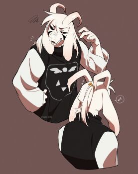 1boy animal_ears annoyed asriel_dreemurr asriel_dreemurr_(god_of_hyperdeath) black_sclera brown_background colored_sclera fang from_behind furry furry_male goat_boy goat_ears goat_horns highres horns kageimo male_focus multiple_views musical_note ponytail skin_fang spoken_musical_note undertale upper_body utdr_(toby_fox)