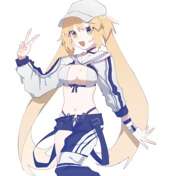 Rule 34 | 1girl, artoria caster (fate), artoria caster (swimsuit berserker) (first ascension) (fate), artoria pendragon (fate), belt, blonde hair, blue belt, blue bow, blue choker, blue pants, bow, breasts, choker, commentary request, cowboy shot, fate/grand order, fate (series), green eyes, hair between eyes, hand up, hat, highres, large breasts, long hair, long sleeves, looking at viewer, navel, open mouth, pants, peaked cap, puffy long sleeves, puffy sleeves, sailor collar, simple background, smile, solo, standing, twintails, uka df, v, white background, white hat, wristband