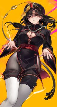 1girl black_eyes black_hair black_nails braid breasts china_dress chinese_clothes cleavage_cutout clothing_cutout commentary dress earrings fingernails hat highres jewelry jiangshi jiangshi_costume large_breasts long_fingernails long_hair nail_polish ofuda ofuda_on_head original pantyhose qingdai_guanmao sabotensuteeki solo tassel tassel_earrings thighhighs wide_sleeves