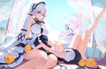 3girls arm_above_head azur_lane bare_shoulders barefoot black_bow black_hair black_skirt blue_sky bow breasts candle candlestand cherry_blossoms cleavage closed_mouth cloud commentary curtains day dress dress_bow dress_flower elbow_gloves falling_petals feet flower formidable_(azur_lane) formidable_(timeless_classics)_(azur_lane) frilled_dress frilled_hairband frilled_headwear frills gloves green_eyes hair_between_eyes hair_spread_out hairband hat highres holding illustrious_(azur_lane) indomitable_(azur_lane) indomitable_(ms._motivationless_maid)_(azur_lane) indoors knee_up large_breasts leg_up lens_flare long_hair looking_at_viewer looking_back lying lying_on_lap maid maid_headdress manjuu_(azur_lane) multiple_girls official_alternate_costume on_back open_window petals pleated_skirt red_eyes sitting skirt sky sleeveless sleeveless_dress smile standing sunlight symbol-only_commentary thighs twintails very_long_hair white_dress white_gloves white_hair white_hat window yasig26836 yokozuwari