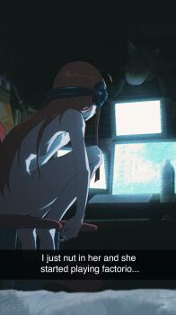 1girl artist_name barefoot bottle breasts butterchalk commentary completely_nude english_commentary english_text he_literally_just_nutted_in_me_(meme) headphones highres long_hair meme monitor nude orange_hair persona persona_5 sakura_futaba sitting small_breasts soles solo