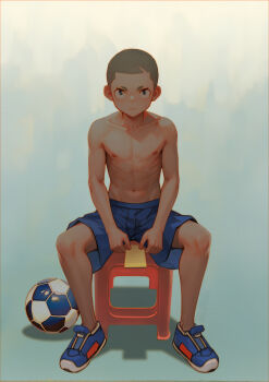 Rule 34 | 1boy, ball, blue eyes, blue shorts, buzz cut, male focus, nipples, original, ryou hiryuu, shaved head, shoes, shorts, sitting, soccer ball, solo, toned, toned male, topless male, very short hair