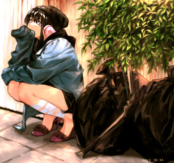 1girl against_wall bandaged_leg bandages baseball_bat beanie black_hair black_hat black_hoodie black_shorts blue_jacket bush dappled_sunlight dated day fence frilled_footwear full_body hair_between_eyes hand_on_own_chin hat headphones headphones_around_neck high_heels highres hood hood_down hoodie jacket long_hair looking_at_viewer nikki_(series) open_clothes open_jacket outdoors purple_eyes purple_shoes shadow shining_nikki shoes short_shorts shorts sleeves_past_fingers sleeves_past_wrists solo squatting stiletto_heels straight_hair stylist_(nikki) sunlight tile_floor tiles trash_bag uro_(uvxkf)