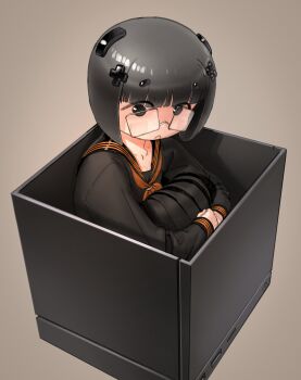 1girl :o absurdres black_eyes black_hair black_sailor_collar blunt_bangs bob_cut borrowed_character brown_background commentary d-pad d-pad_hair_ornament english_commentary glasses hair_ornament highres hugging_own_legs in_container knees_to_chest looking_at_viewer neckerchief no_sclera parted_lips personification rectangular_eyewear red_neckerchief sailor_collar school_uniform short_hair simple_background solo steam_controller steam_machine usb_port_(object) valve_corporation wass_nonnam