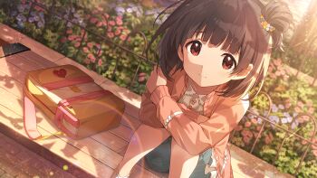 1girl backpack bag black_hair brown_eyes closed_mouth commentary_request day game_cg garden idolmaster idolmaster_million_live! idolmaster_million_live!_theater_days jacket knees_up long_sleeves nakatani_iku official_art on_bench one_side_up outdoors pink_jacket sitting solo third-party_source