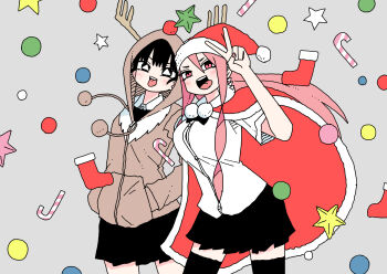 2girls abe_tomomi animal_costume animal_ears black_eyes black_hair blush candy christmas deer_ears food hat highres holly long_hair multiple_girls original pink_eyes pink_hair santa_costume short_hair teeth v