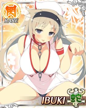 1girl :p armband black_hairband black_panties blush border bra bra_peek breasts brown_hair card_(medium) chain chain_between_breasts chain_leash character_name cleavage game_cg grey_eyes hairband hat ibuki_(senran_kagura) large_breasts leaning_forward leash long_hair looking_at_viewer low_twintails nurse nurse_cap official_art panties paw_pose senran_kagura senran_kagura_new_wave sitting solo third-party_source tongue tongue_out twintails underwear wariza