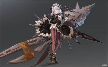 1girl :o alcohol android apron arm_behind_back arms_up barcode belt black_background black_belt black_headwear black_sclera black_skirt blade blush bob_cut border bottle breasts bright_pupils center_opening clothes_lift clothing_cutout collar collarbone colored_sclera colored_skin cup cutout_above_navel cyborg doll dress dress_lift drinking_glass duct_tape expressionless eyebrows_hidden_by_hair eyelashes frilled_apron frilled_dress frilled_hairband frilled_skirt frilled_sleeves frills full_body garter_belt garter_straps gloves gold grey_background groin hair_ornament hair_ribbon hairband hancho high_heels highres holding holding_pliers holding_unworn_clothes holding_unworn_dress huge_weapon knees knife legwear_garter logo looking_away machine machinery maid maid_apron maid_headdress marionette mecha mechabare mechanical no_panties opening original pale_color pale_skin pliers puffy_sleeves puppet purple_hair ribbon robot short_hair shrug_(clothing) simple_background skirt skirt_hold skirt_lift small_breasts solo standing strap tape thighhighs thighs tools weapon weapon_on_back white_headwear white_pupils white_ribbon white_skin white_skirt wine wine_bottle wine_glass