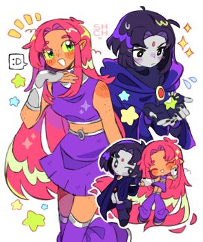 2girls bindi blush cape chibi chibi_inset colored_skin commentary cyber_fashion dc_comics english_commentary green_eyes grey_skin highres holding_hands long_hair midriff multiple_girls multiple_views open_mouth pink_hair purple_hair raven_(dc) sharpycharot short_hair simple_background smile star_(symbol) starfire teen_titans very_long_hair white_background