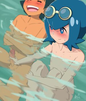 1boy 1girl ari_(ariel_lopez550) ash_ketchum bad_id bad_pixiv_id black_hair blue_eyes blue_hair blush bright_pupils closed_eyes closed_mouth collarbone completely_nude crossed_arms dark_skin erection flat_chest goggles goggles_on_head handjob happy_sex hetero highres hugging_own_legs kodomo_doushi lana_(pokemon) loli looking_at_another looking_to_the_side matching_hair/eyes mixed-sex_bathing nintendo nipples nude bad_tag open_mouth parody partially_submerged penis pokemon pokemon_(anime) pokemon_sm_(anime) shared_bathing shota sitting small_areolae small_nipples smile style_parody teeth tongue uncensored upper_teeth_only water wet