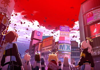 6+girls ahoge airi_(blue_archive) armband artist_request bag billboard black_hair black_jacket black_skirt blonde_hair blue_archive blue_sailor_collar braid brand_name_imitation brown_hair building character_request cloud company_name debris destruction floating floating_object game_cg green_halo hair_ornament halo high_side_ponytail highres holding holding_bag holding_microphone holding_shield jacket long_hair looking_up mai_(blue_archive) medium_hair microphone multiple_girls natsu_(blue_archive) news non-web_source official_art peroro_(blue_archive) pink_hair ponytail puffy_short_sleeves puffy_sleeves real_world_location red_jacket red_sky riot_shield rubble sailor_collar sailor_shirt school_uniform shibuya_scramble_crossing shield shinon_(blue_archive) shirt short_hair short_sleeves shoulder_bag skirt sky sleeves_past_wrists spoilers television twin_braids twintails white_halo white_shirt white_skirt wi-fi_symbol yellow_halo yoshimi_(blue_archive)