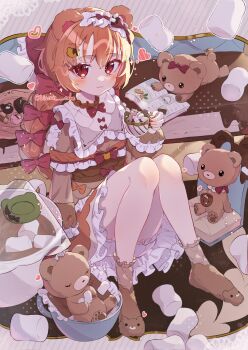 1girl :3 animal animal_ears bear bear_ears bear_girl bloomers blush bow bowtie brown_dress brown_socks closed_mouth commentary cup dress food frilled_dress frilled_sleeves frills full_body hair_bow highres holding holding_cup long_hair long_sleeves looking_at_viewer marshmallow orange_hair original red_bow red_bowtie red_eyes sitting socks solo symbol-only_commentary tsukumi_bis twitter_username underwear white_bloomers