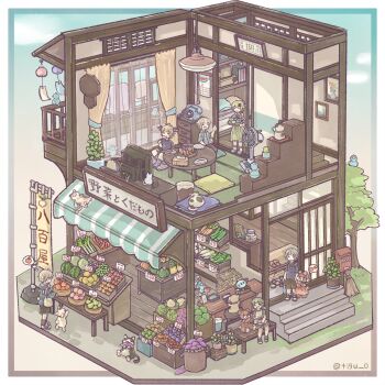 Rule 34 | 3boys, 3girls, :d, ahoge, animal, apple, bear, bird, blonde hair, blunt bangs, border, bowl, carrot, cash register, cat, chigu, chili pepper, closed eyes, closed mouth, clothed animal, commentary request, curtains, dog, dress, electric fan, floorplan, food, fruit, green hair, grey hair, head wings, highres, melon, multiple boys, multiple girls, open mouth, original, outside border, peach, pear, pillow, plant, potted plant, rabbit, red dress, shopping cart, short hair, short sleeves, sitting, smile, spring onion, stairs, standing, television, twitter username, watermelon, white border, window, wings