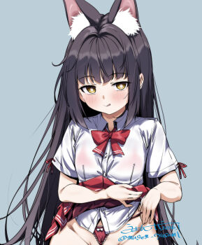 1girl animal_ear_fluff animal_ears azur_lane black_hair blush bow breasts clothes_lift commentary fox_ears highres lifting_own_clothes long_hair nagato_(azur_lane) panties red_panties shirt short_sleeves skirt skirt_lift small_breasts solo tongue tongue_out umyonge_(lkakeu) underwear white_shirt yellow_eyes