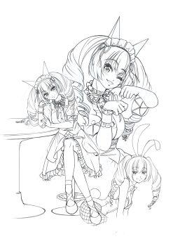 Rule 34 | 1girl, absurdres, against table, akiha rumiho, animal ear hairband, animal ears, apron, belt around waist, belt buckle, black skirt, blush, breasts, buckle, buttons, cat ears, collar, commentary request, covered knees, detached collar, dress, drill hair, eibon, fake animal ears, fishnets, frilled collar, frilled dress, frilled hairband, frilled skirt, frills, greyscale, hair between eyes, hairband, highres, leotard, long hair, long skirt, looking at viewer, maid, maid apron, maid headdress, mary janes, mayqueen maid uniform, medium breasts, monochrome, multiple views, narrowed eyes, necktie, one eye closed, paw pose, pink lips, playboy bunny, puffy short sleeves, puffy sleeves, rabbit ears, rabbit tail, red ribbon, ribbon, ribbon-trimmed collar, ribbon-trimmed corset, ribbon-trimmed hairband, ribbon-trimmed sleeves, ribbon trim, science adventure, shiny lips, shoes, short sleeves, sitting, skirt, smile, smug, solo, steins;gate, strapless, strapless leotard, table, tail, tsurime, twin drills, twintails, white apron, white dress, wrist cuffs