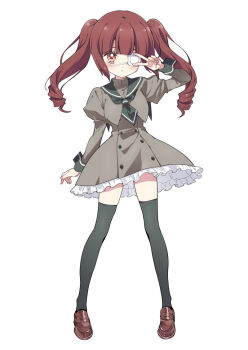 1girl blush brown_hair commentary_request dress drill_hair expressionless eyepatch full_body hanazono_yurine jashin-chan_dropkick loafers long_hair looking_at_viewer school_uniform shoes solo thighhighs twin_drills twintails v yukiwo zettai_ryouiki