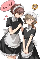 Rule 34 | 1boy, 1girl, alternate costume, amada ken, apron, black dress, bonnet, brown hair, closed eyes, closed mouth, crossdressing, dress, eca leaf, english text, enmaided, flying sweatdrops, hair between eyes, hand on another&#039;s shoulder, heart, highres, holding, holding tray, maid, maid headdress, open mouth, orange eyes, orange ribbon, persona, persona 3, persona 3 portable, ribbon, shiomi kotone, short sleeves, simple background, speech bubble, trap, tray, waist apron, white background