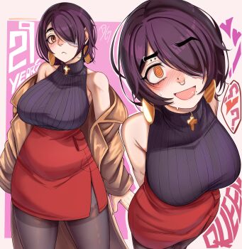 ! 1girl :d ? @_@ absurdres armpit_crease arms_behind_back bare_shoulders black_pantyhose blush border breasts brown_coat character_age character_name closed_mouth coat coat_partially_removed commentary cowboy_shot dilan_griz drooling earrings english_commentary eyebrow_piercing eyepatch face_piercing hair_over_one_eye heart highres jewelry large_breasts long_sleeves looking_at_viewer mole mole_under_mouth mouth_drool multiple_piercings multiple_views nose nose_piercing one_eye_covered open_mouth orange_eyes original outside_border pantyhose parted_bangs piercing pink_background purple_hair purple_sweater queen_(dilan_griz) red_skirt ribbed_sweater short_hair skirt sleeveless sleeveless_sweater sleeveless_turtleneck smile speech_bubble spoken_heart spoken_question_mark sweater thighband_pantyhose tongue turtleneck turtleneck_sweater white_border