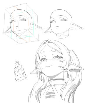 1girl absurdres blush capelet clothes-dissolving_potion commentary cropped_head earrings elf english_commentary frieren glass_bottle greyscale hair_over_shoulder half-closed_eyes highres how_to jewelry long_hair long_pointy_ears looking_at_viewer monochrome parted_bangs pointy_ears shirt simple_background smile sousou_no_frieren striped_clothes striped_shirt teardrop_earrings twintails upper_body upward_angle_frieren_drawing white_background wonbin_lee