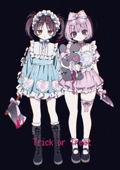 2girls :&lt; akiyama_enma axe bib_collar black_background black_boots blood bloody_knife blue_dress blue_eyes blue_hair boots bow bow_choker breasts brown_eyes brown_hair choker choppy_bangs cleavage closed_mouth collar collarbone colored_tips commentary_request dress frilled_hairband frilled_sleeves frilled_socks frilled_thigh_strap frilled_wrist_cuffs frills full_body gradient_hair hair_bow hair_intakes hairband happy_halloween highres holding holding_axe holding_knife holding_stuffed_toy knife lace-up_boots long_sleeves looking_at_viewer mary_janes medium_hair miniskirt multicolored_hair multiple_girls noa-senpai_wa_tomodachi. ootsuka_reni pink_dress pink_hair pleated_dress puffy_short_sleeves puffy_sleeves saotome_noa shoes short_hair short_sleeves simple_background skirt socks stuffed_animal stuffed_rabbit stuffed_toy thigh_strap twintails two-tone_hair white_bow wispy_bangs wrist_cuffs