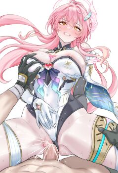 1boy 1girl absurdres aemeath_(wuthering_waves) bar_censor black_gloves blush breasts censored clenched_teeth clothed_sex clothing_aside commentary_request cowgirl_position cum cum_in_pussy daram_(shappydude) elbow_gloves girl_on_top gloves grabbing_another's_breast groping hair_ornament hand_on_own_stomach hetero highres korean_commentary large_breasts large_variant_set leotard leotard_aside long_hair male_rover_(wuthering_waves) nipples one_eye_closed open_mouth orange_eyes penis pink_hair pov pussy rolling_eyes rover_(wuthering_waves) sex simple_background star-shaped_pupils star_(symbol) straddling symbol-shaped_pupils teeth thighs vaginal variant_set white_background white_gloves white_leotard wuthering_waves