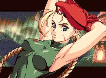 1girl ahoge armpits arms_up aurora beret blonde_hair blue_eyes braid breasts cammy_white facial_scar fingerless_gloves gloves green_leotard hat highres huge_ahoge leotard letterboxed long_hair looking_at_viewer night night_sky outdoors outside_border pc-98_(style) red_gloves red_hat scar scar_on_cheek scar_on_face sirknightbot sky solo star_(sky) street_fighter twin_braids upper_body