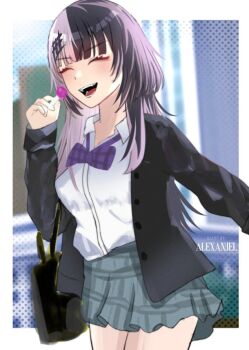 Rule 34 | 1girl, alexaniel, artist name, bag, black hair, black jacket, bow, bowtie, candy, closed eyes, collared shirt, commentary, english commentary, food, grey hair, grey skirt, holding, holding candy, holding food, holding lollipop, hololive, hololive english, jacket, lollipop, multicolored hair, open mouth, purple bow, purple bowtie, school bag, shiori novella, shirt, skirt, solo, split-color hair, teeth, two-tone hair, virtual youtuber, white shirt