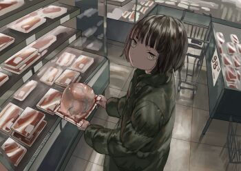 1girl bad_id bad_pixiv_id black_hair blood bob_cut coat expressionless female_focus food holding meat original raw_meat shopping_cart solo standing store tensen_(dotted_line) veins