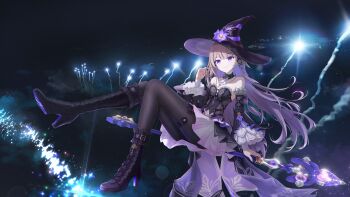 1girl aerial_fireworks bare_shoulders black_boots black_dress black_hat black_pantyhose black_sleeves boots brown_hair closed_mouth commentary detached_sleeves dress fireworks floating_hair flower flying frilled_sleeves frills full_body hair_ornament hand_in_own_hair hand_up hat hat_flower herta_(honkai:_star_rail) high_heels highres honkai:_star_rail honkai_(series) jewelry key kokage_(chenff) large_hat long_hair looking_ahead nail_polish necklace night night_sky outdoors pantyhose purple_eyes purple_flower purple_nails sitting sky solo staff strapless strapless_dress the_herta_(honkai:_star_rail) thigh_strap very_long_hair wide_sleeves x_hair_ornament