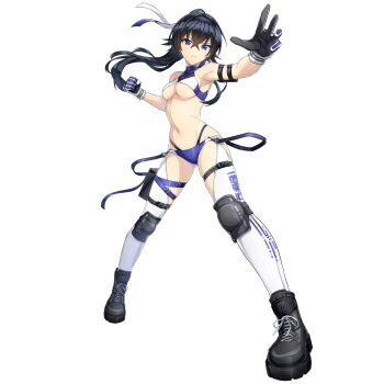 1girl bikini black_boots blue_eyes boots breasts clenched_hand closed_mouth crossed_bangs dolphin_wave elbow_pads frown game_cg gloves hagane_otsuki highres knee_pads layered_bikini long_hair looking_at_viewer navel non-web_source official_alternate_costume official_alternate_hairstyle official_art ootomo_takuji ponytail punching single_elbow_pad skindentation small_breasts strap swimsuit thighhighs transparent_background underboob white_thighhighs