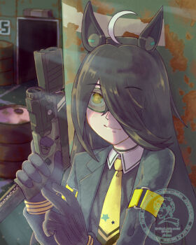 1girl ahoge airsoft armband barrel black_choker black_coat black_gloves black_hair black_shirt choker closed_mouth coat collared_shirt contrast_collar ear_protection extended_magazine glock gloves gun hair_between_eyes hair_over_one_eye handgun hands_up highres long_bangs long_hair long_hair_between_eyes long_sleeves manhattan_cafe_(creeping_black)_(umamusume) manhattan_cafe_(umamusume) multicolored_hair necktie open_clothes open_coat r9leo2 safety_glasses shirt smile solo suppressor umamusume very_long_hair watermark weapon white_hair yellow_armband yellow_eyes yellow_necktie