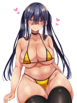 Rule 34 | 1girl, areola slip, bikini, black choker, black thighhighs, blue hair, breasts, cameltoe, choker, collarbone, emaason, hair between eyes, heart, highres, kuronuma honoka, large breasts, long hair, micro bikini, mole, mole on breast, mole under mouth, navel, original, sidelocks, sitting, smile, solo, swimsuit, thighhighs, twintails, very long hair, yellow bikini