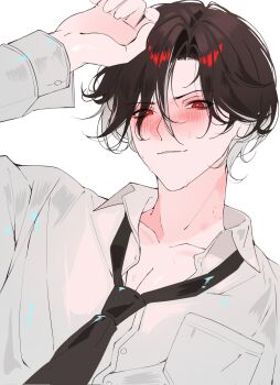 1boy arm_up bite_mark bite_mark_on_neck black_necktie blush brown_hair collarbone collared_shirt colored_inner_hair hair_between_eyes hashtag-only_commentary highres honkai:_star_rail honkai_(series) long_sleeves looking_at_viewer loose_necktie male_focus mr._reca_(honkai:_star_rail) multicolored_hair necktie parted_bangs parted_hair red_eyes sanya_(sanya_lox228) shirt short_hair simple_background smile solo sweat symbol-shaped_pupils triangle-shaped_pupils upper_body white_background white_shirt