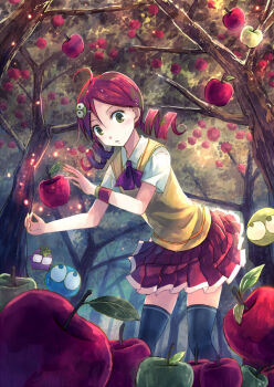 1girl ahoge andou_ringo apple black_thighhighs blush character_hair_ornament dress drill_hair food from_below fruit green_eyes hair_ornament hairclip looking_at_viewer outdoors puyopuyo puyopuyo_7 red_hair school_uniform short_hair short_sleeves skirt thighhighs twin_drills twintails wristband yakka zettai_ryouiki