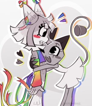 2girls :3 :d ;3 ;d animal_ears arms_at_sides bare_arms bare_legs bare_shoulders bent_over blunt_bangs blunt_ends blunt_sidelocks blush_stickers border cat_ears cat_girl claws closed_mouth crop_top cropped_shirt cup dandy's_world detached_sleeves dress english_text eye_contact fang feet_out_of_frame fewer_digits flat_chest flipped_hair from_side frown furry furry_female gradient_sleeves gradient_tail green_shirt green_sleeves green_tail grey_background hair_ornament head_on_chest heart heart_background highres horns hug long_sleeves looking_at_another looking_down looking_up marshmarush multicolored_hair multiple_girls multiple_tails neck_ruff no_nose no_pupils notice_lines number_hair_ornament official_alternate_color one_eye_closed open_mouth orange_sleeves orange_tail outline outside_border partially_colored profile puffy_long_sleeves puffy_sleeves purple_shirt purple_tail rainbow_gradient red_sleeves red_tail roblox scar_across_eyes scraps_(dandy's_world) sharp_teeth shirt short_dress short_hair sidelocks simple_background sleeveless sleeveless_dress sleeveless_shirt smile standing streaked_hair striped_fur striped_horns tail tareme teeth thick_eyelashes twitter_username two-tone_shirt white_border yatta_(dandy's_world) yellow_sleeves yellow_tail yuri