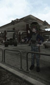 1girl abandoned absurdres altyn_helmet black_eyes black_shoes black_sweater brown_hair camouflage camouflage_pants car cloud cloudy_sky combat_helmet day escape_from_tarkov gas_station grey_pants gun hayasabro helmet highres holding holding_gun holding_weapon jaggy_lines load_bearing_vest long_hair looking_at_viewer motor_vehicle original outdoors over_shoulder pants railing semi_truck shoes sky smile smug solo standing sweater truck very_long_hair visor_lift weapon weapon_over_shoulder wide_shot