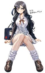 Rule 34 | 1girl, absurdres, arms at sides, bag, bag charm, black hair, black jacket, breasts, brown footwear, character doll, charm (object), collarbone, collared shirt, commentary request, full body, grey eyes, grin, gyaru, hair ornament, highres, invisible chair, jacket, knees together feet apart, large breasts, loafers, long hair, long sleeves, looking at viewer, loose socks, love live!, love live! nijigasaki high school idol club, miniskirt, neck ribbon, nijigasaki academy school uniform, one side up, open clothes, open jacket, parted lips, plaid, plaid skirt, pleated skirt, red ribbon, ribbon, school bag, school uniform, shirt, shoes, shoulder bag, sitting, skirt, smile, socks, solo, takasaki yu, translation request, unworn bag, wavy hair, white shirt, white skirt, white socks, yuki setsuna (love live!), zaofeng